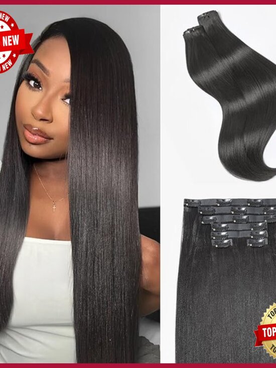 Seamless Clip-In Human Hair Extensions, 16 Inch, 2 Pack, Yaki Straight main image 4